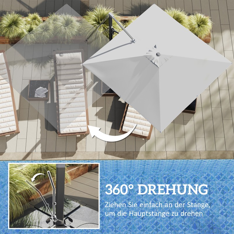 Sivuvarjo terassille alumiinia 3 x 3 m 360° kääntyvä kampimekanismilla vaaleanharmaa jalustalla