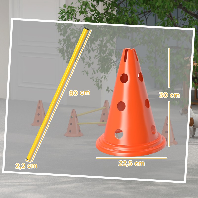 Koiran agility-setti 3-osainen, 6 kartiota ja 3 säädettävää hyppyestettä, kuljetuslaukku, oranssi/keltainen