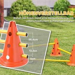 Koiran agility-setti 3-osainen, 6 kartiota ja 3 säädettävää hyppyestettä, kuljetuslaukku, oranssi/keltainen