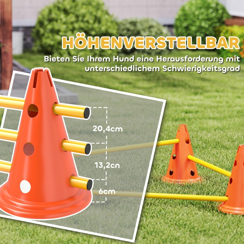 Koiran agility-setti 3-osainen, 6 kartiota ja 3 säädettävää hyppyestettä, kuljetuslaukku, oranssi/keltainen