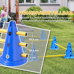 Koirien agilitysetti 6-osainen, säädettävät esteet, 12 kartiota, ABS-muovia, sininen/keltainen, kantolaukku