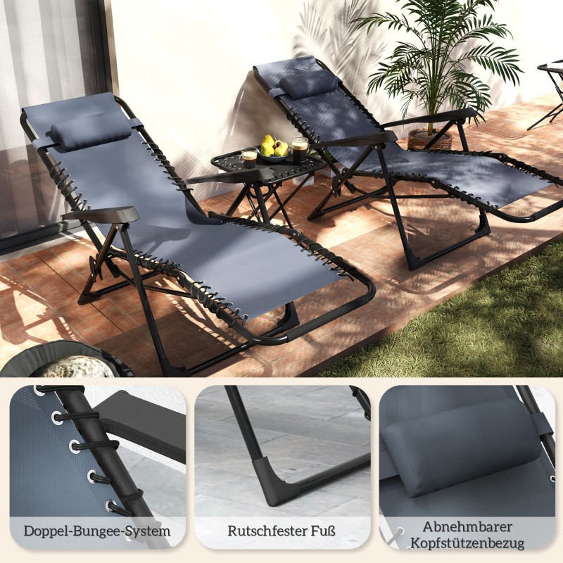 Zero gravity -lepotuolisetti ulkokäyttöön, 2 taitettavaa tuolia ja pöytä mukitelineillä, harmaa