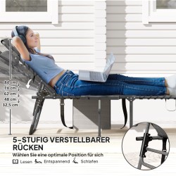 Aurinkotuoli puutarhaan, kokoontaitettava lepotuoli 5-asentoisella selkänojalla ja niskatyynyllä, teräsrunko, harmaa-musta