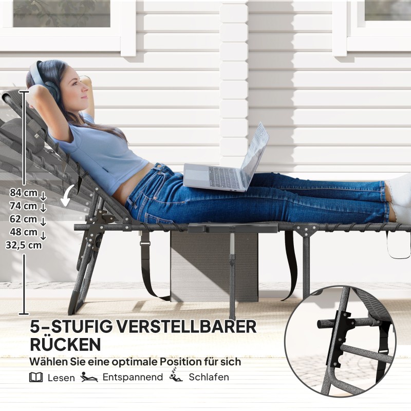 Aurinkotuoli puutarhaan, kokoontaitettava lepotuoli 5-asentoisella selkänojalla ja niskatyynyllä, teräsrunko, harmaa-musta