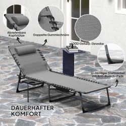 Aurinkotuoli puutarhaan, kokoontaitettava lepotuoli 5-asentoisella selkänojalla ja niskatyynyllä, teräsrunko, harmaa-musta