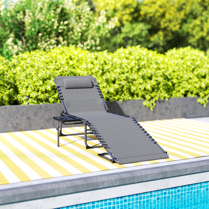 Aurinkotuoli puutarhaan, kokoontaitettava lepotuoli 5-asentoisella selkänojalla ja niskatyynyllä, teräsrunko, harmaa-musta