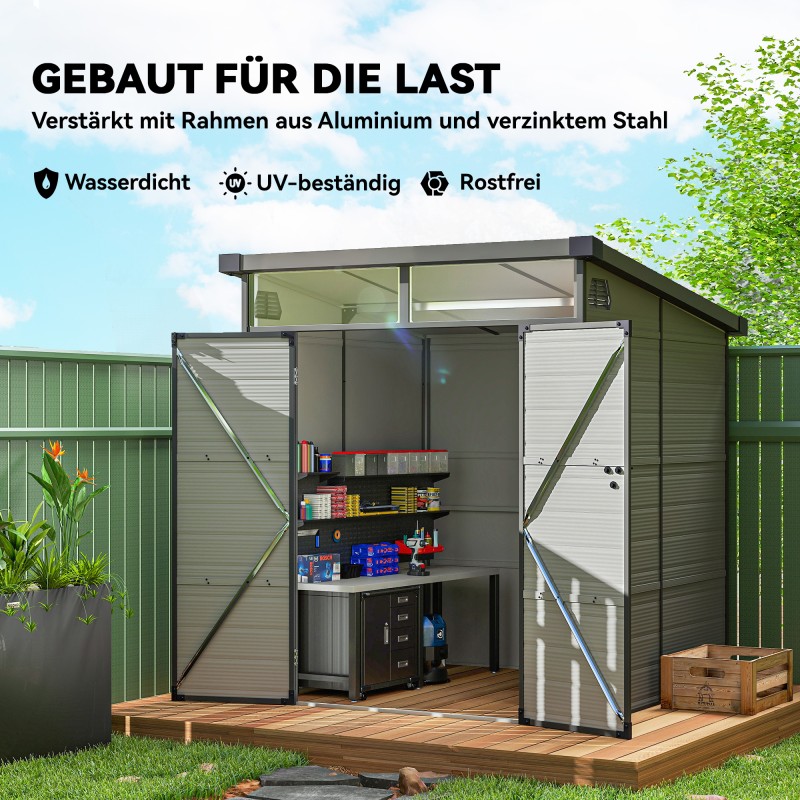 Pihavarasto muovia 1,9 x 1,9 m, lukittavat kaksoisovet, 2 ilmanvaihtoaukkoa, vaalea harmaa