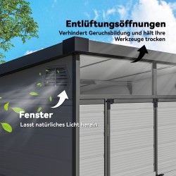 Pihavarasto muovia 1,9 x 1,9 m, lukittavat kaksoisovet, 2 ilmanvaihtoaukkoa, vaalea harmaa