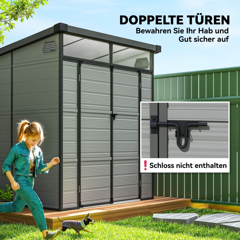 Pihavarasto muovia 1,9 x 1,9 m, lukittavat kaksoisovet, 2 ilmanvaihtoaukkoa, vaalea harmaa