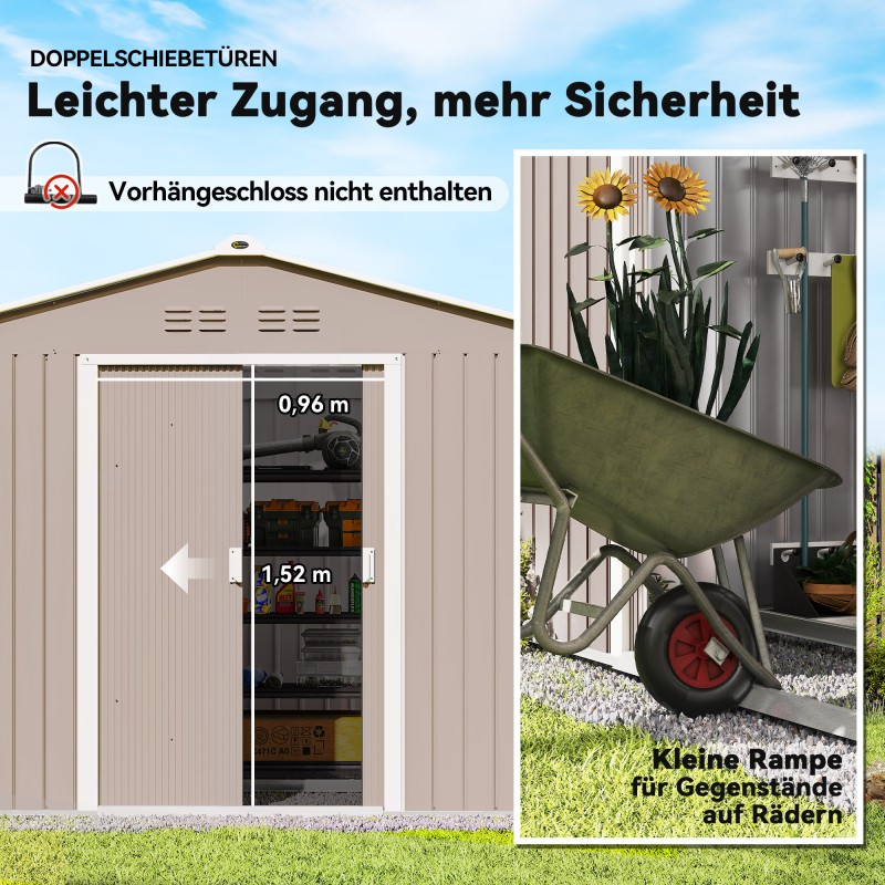 Metallinen pihavarasto liukuovilla ja tuuletusaukoilla 277 x 195 x 192 cm vaaleanharmaa