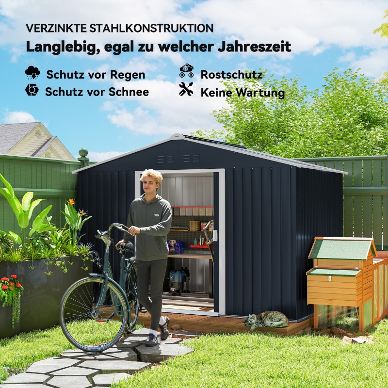 Metallinen pihavarasto liukuovilla ja ilmanvaihtoaukoilla 277 x 195 x 192 cm tummanharmaa