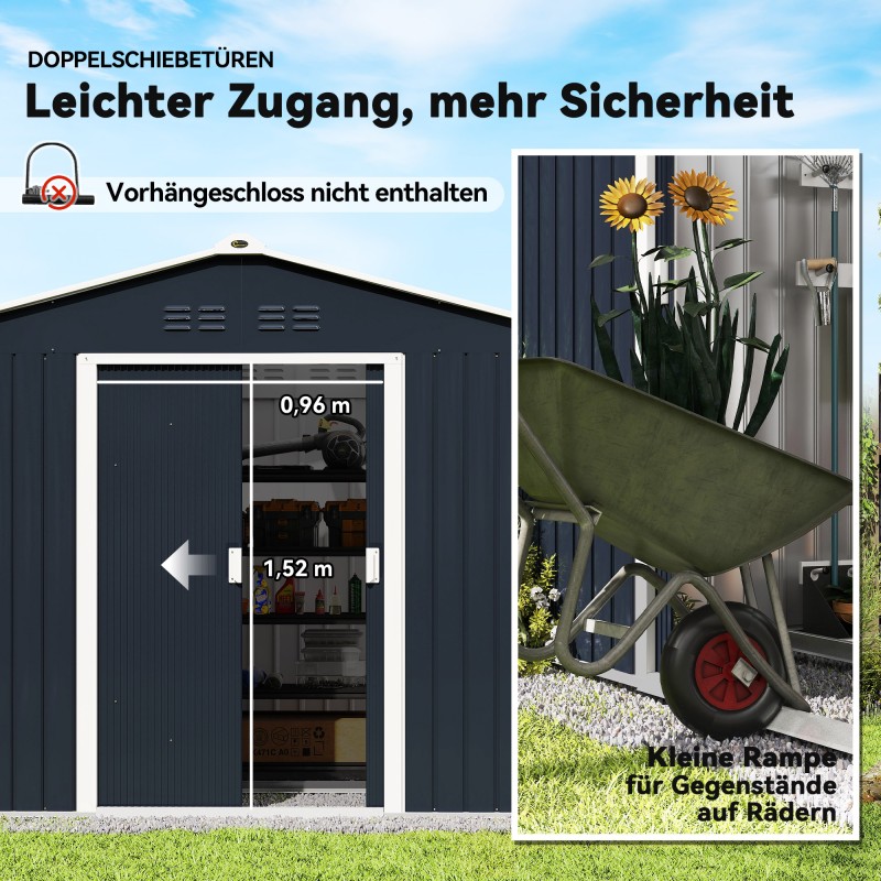 Metallinen pihavarasto liukuovilla ja ilmanvaihtoaukoilla 277 x 195 x 192 cm tummanharmaa