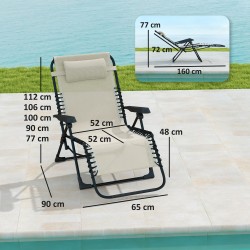 Taittuva aurinkotuoli puutarhaan, 5-asentoinen selkänoja, metallirunko, kantavuus 120 kg, beige