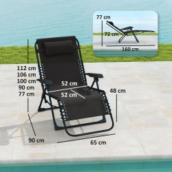 Kokoontaitettava aurinkotuoli puutarhaan, metalli/Texteline, säädettävä selkänoja, niskatyyny, 120 kg, musta