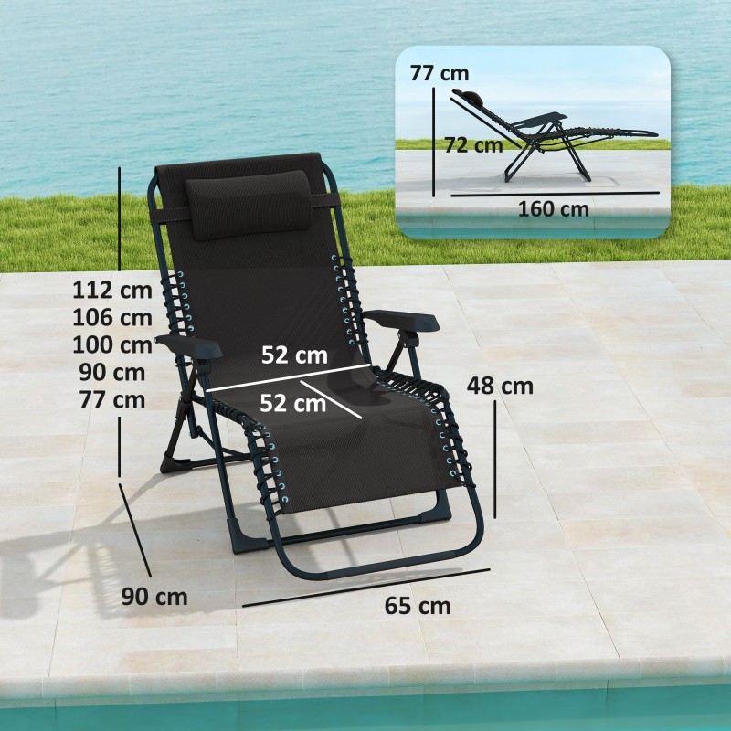 Kokoontaitettava aurinkotuoli puutarhaan, metalli/Texteline, säädettävä selkänoja, niskatyyny, 120 kg, musta
