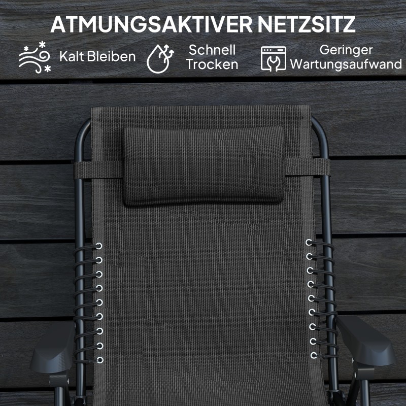 Kokoontaitettava aurinkotuoli puutarhaan, metalli/Texteline, säädettävä selkänoja, niskatyyny, 120 kg, musta