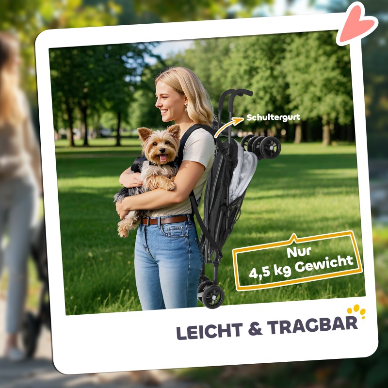 Lemmikkirattaat koiralle tai kissalle, teräsrunko ja 600D-kangas, 76 x 44 x 103 cm, vaaleanharmaa