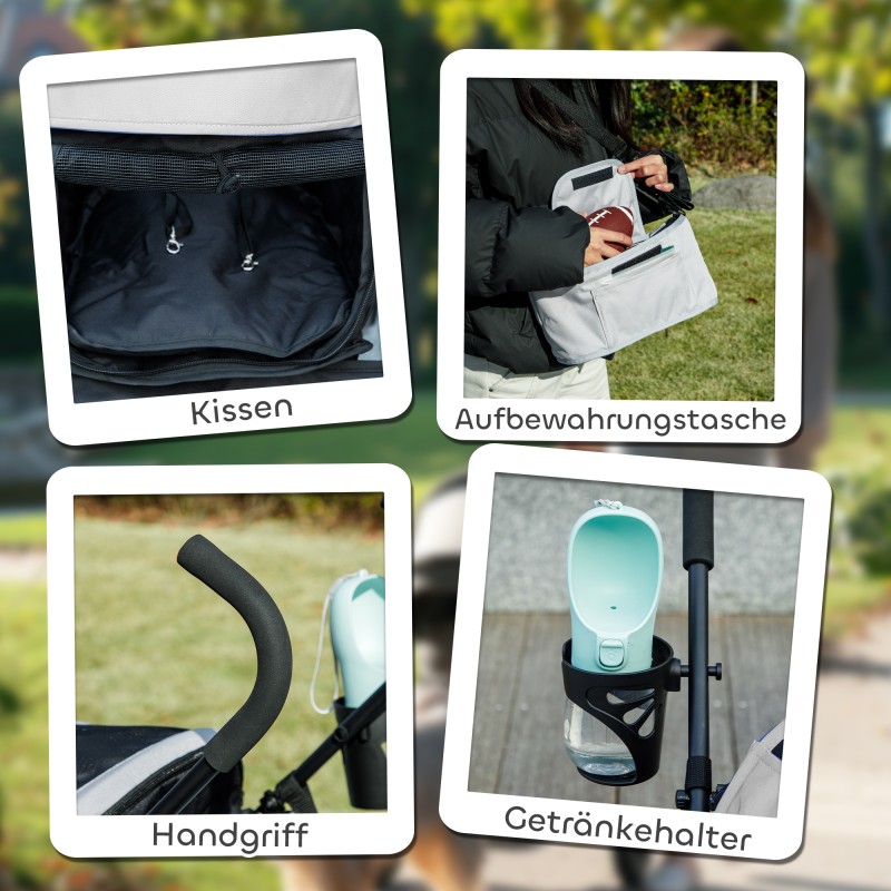 Lemmikkirattaat koiralle tai kissalle, teräsrunko ja 600D-kangas, 76 x 44 x 103 cm, vaaleanharmaa