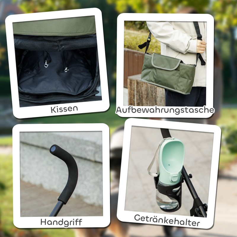 Lemmikkirattaat pienelle koiralle tai kissalle, teräsrunko ja Oxford-kangas, 76 x 44 x 103 cm, tummanvihreä/musta