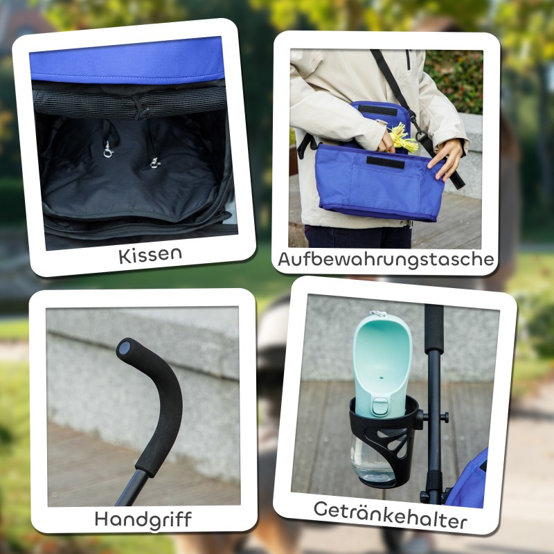 Lemmikkirattaat pienelle koiralle tai kissalle, teräsrunko ja 600D Oxford, 76 x 44 x 103 cm, tummansininen/musta