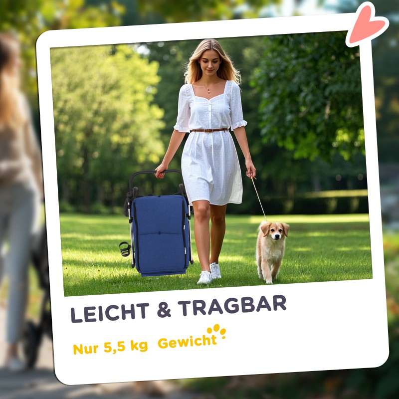 Lemmikkirattaat pienelle koiralle, kevyt taittuva alumiinirunko, pestävä pehmuste, tummansininen