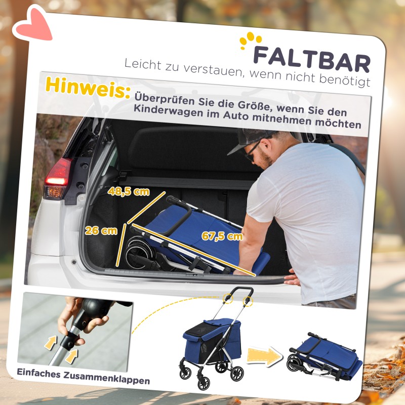 Lemmikkirattaat pienelle koiralle, kevyt taittuva alumiinirunko, pestävä pehmuste, tummansininen