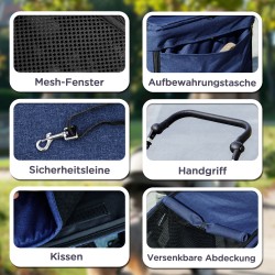 Lemmikkirattaat pienelle koiralle, kevyt taittuva alumiinirunko, pestävä pehmuste, tummansininen