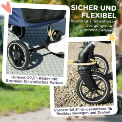 Lemmikkirattaat pienelle koiralle, kevyt taittuva alumiinirunko, pestävä pehmuste, tummansininen