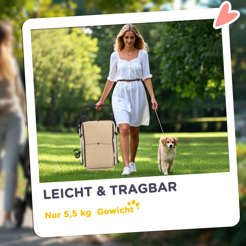 Lemmikkirattaat pienille koirille ja kissoille, kevyt alumiinirunko, taitettava, khaki