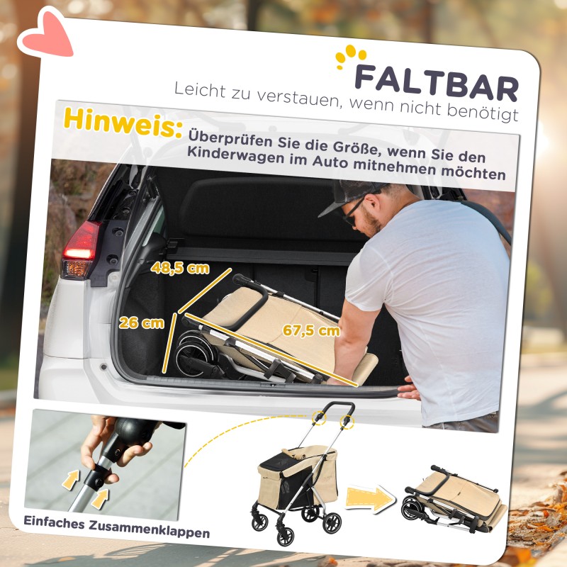 Lemmikkirattaat pienille koirille ja kissoille, kevyt alumiinirunko, taitettava, khaki