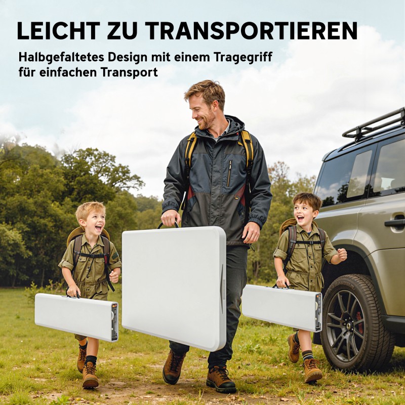 Piknik- ja campingsetti, 3-osainen pöytä ja 2 penkkiä, taitettava, muovi/metalli, valkoinen