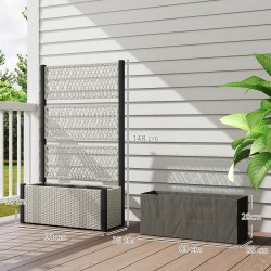 Korotettu istutuslaatikko säleiköllä ulkokäyttöön, teräs ja PE-rottinki, 90 x 35 x 148 cm, harmaa