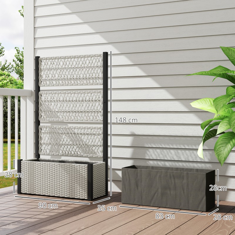 Korotettu istutuslaatikko säleiköllä ulkokäyttöön, teräs ja PE-rottinki, 90 x 35 x 148 cm, harmaa