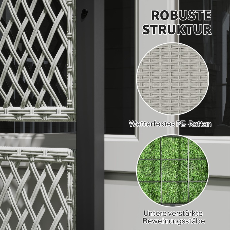 Korotettu istutuslaatikko säleiköllä ulkokäyttöön, teräs ja PE-rottinki, 90 x 35 x 148 cm, harmaa