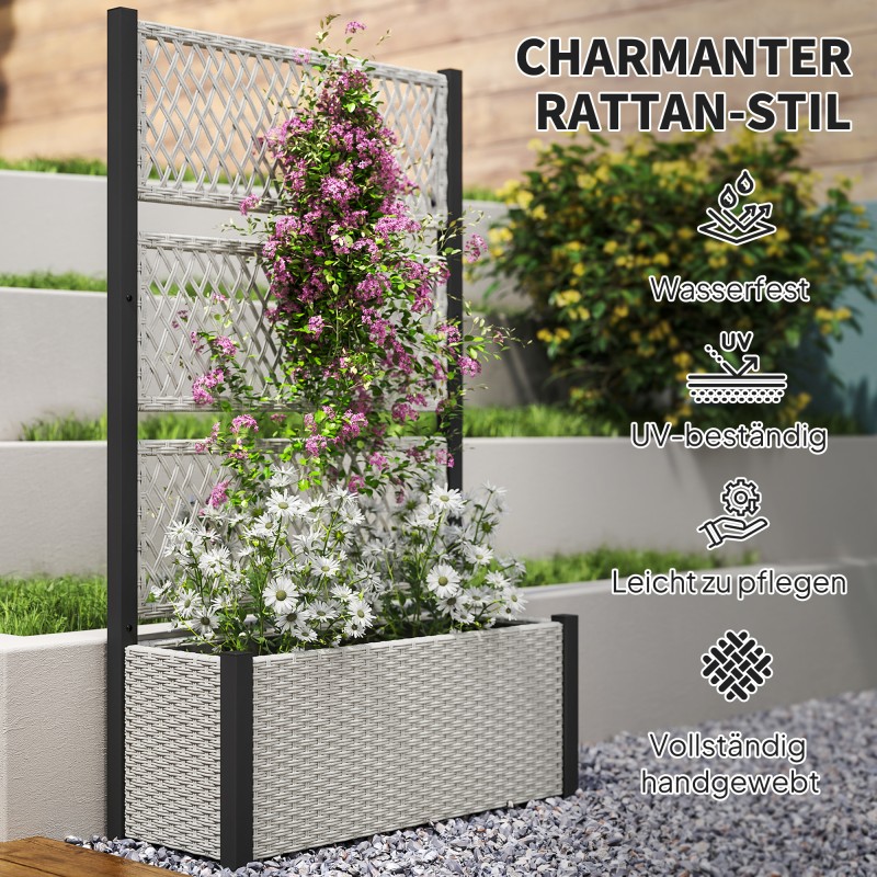 Korotettu istutuslaatikko säleiköllä ulkokäyttöön, teräs ja PE-rottinki, 90 x 35 x 148 cm, harmaa