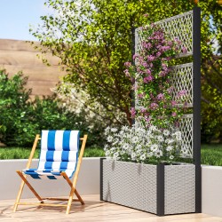 Korotettu istutuslaatikko säleiköllä ulkokäyttöön, teräs ja PE-rottinki, 90 x 35 x 148 cm, harmaa