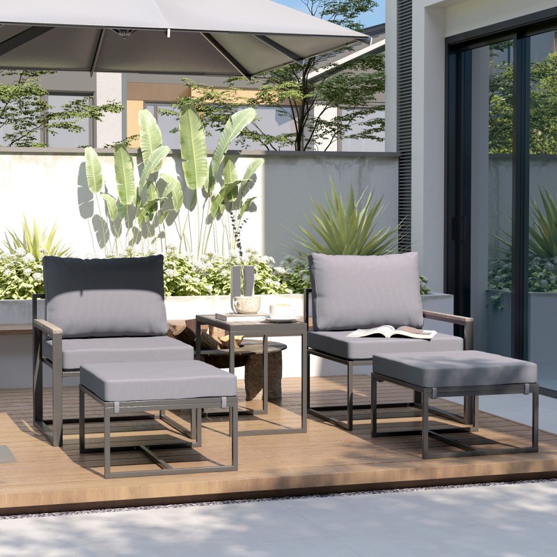 Terassikalustesetti 2 hengelle, teräs, 5-osainen nojatuoli‑ ja rahisetti sivupöydällä, harmaa/musta