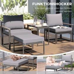 Terassikalustesetti 2 hengelle, teräs, 5-osainen nojatuoli‑ ja rahisetti sivupöydällä, harmaa/musta