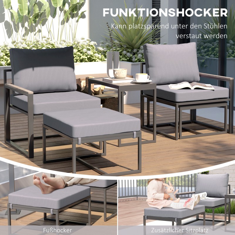 Terassikalustesetti 2 hengelle, teräs, 5-osainen nojatuoli‑ ja rahisetti sivupöydällä, harmaa/musta
