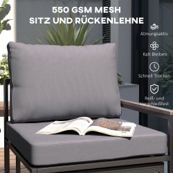 Terassikalustesetti 2 hengelle, teräs, 5-osainen nojatuoli‑ ja rahisetti sivupöydällä, harmaa/musta