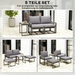 Terassikalustesetti 2 hengelle, teräs, 5-osainen nojatuoli‑ ja rahisetti sivupöydällä, harmaa/musta