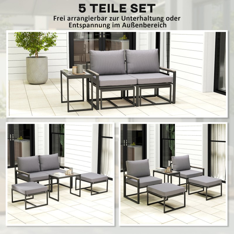Terassikalustesetti 2 hengelle, teräs, 5-osainen nojatuoli‑ ja rahisetti sivupöydällä, harmaa/musta