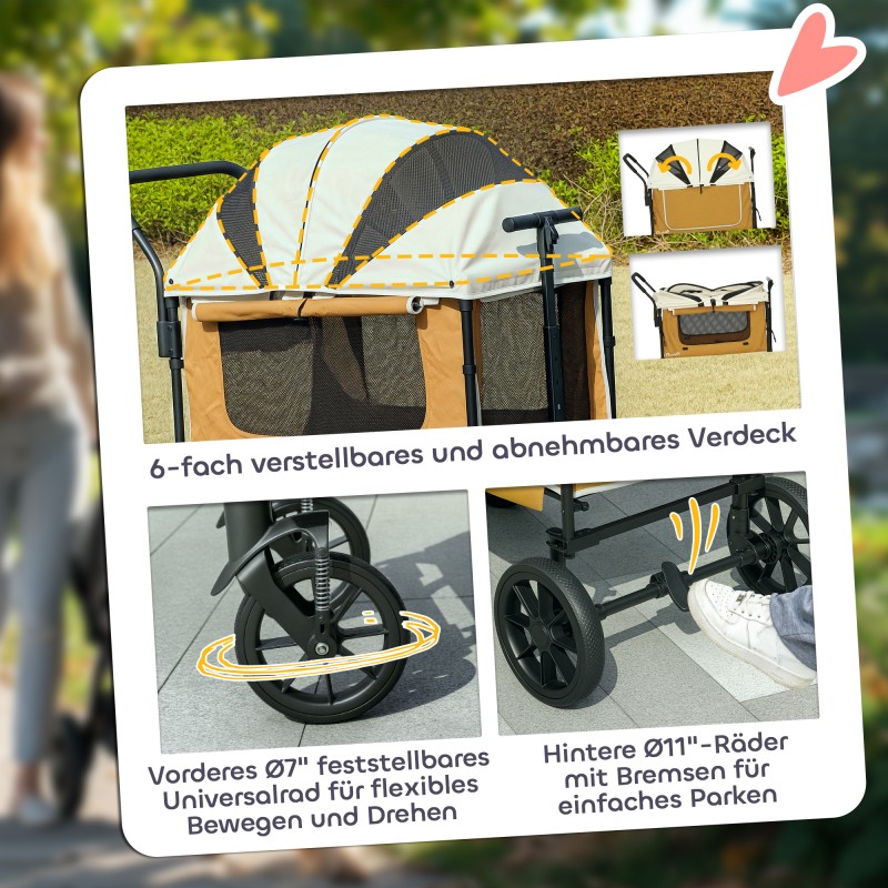 Lemmikkikärry koirille ja kissoille, teräsrunko ja 600D Oxford, 110 x 65 x 102 cm, enint. 30 kg, ruskea-beige-musta