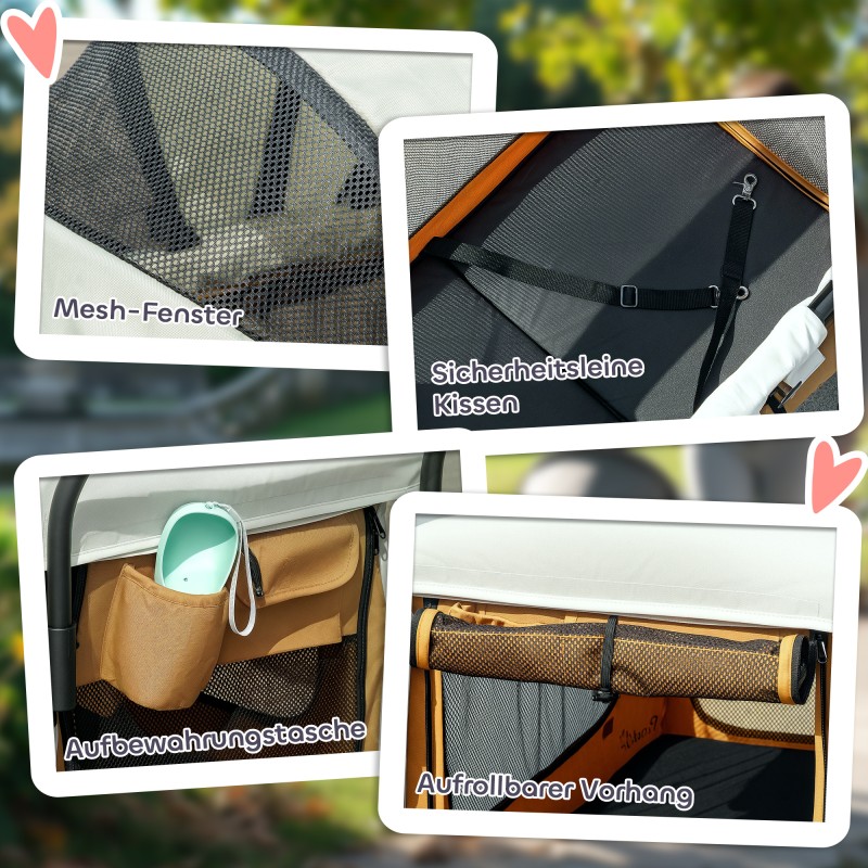 Lemmikkikärry koirille ja kissoille, teräsrunko ja 600D Oxford, 110 x 65 x 102 cm, enint. 30 kg, ruskea-beige-musta