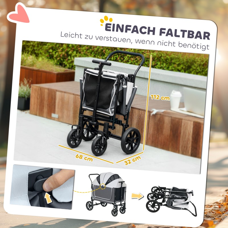 Lemmikkikärry koirille ja kissoille, teräsrunko Oxford-kangas, 110 x 65 x 102 cm, enint. 30 kg, tummanharmaa