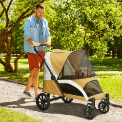 Lemmikkirattaat isoille koirille, taitettava koiravaunu 30 kg asti, 4 pyörää, turvaremmit, ruskea