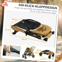 Lemmikkirattaat isoille koirille, taitettava koiravaunu 30 kg asti, 4 pyörää, turvaremmit, ruskea