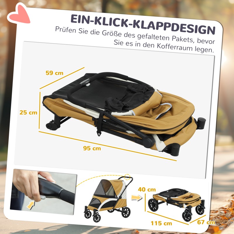 Lemmikkirattaat isoille koirille, taitettava koiravaunu 30 kg asti, 4 pyörää, turvaremmit, ruskea