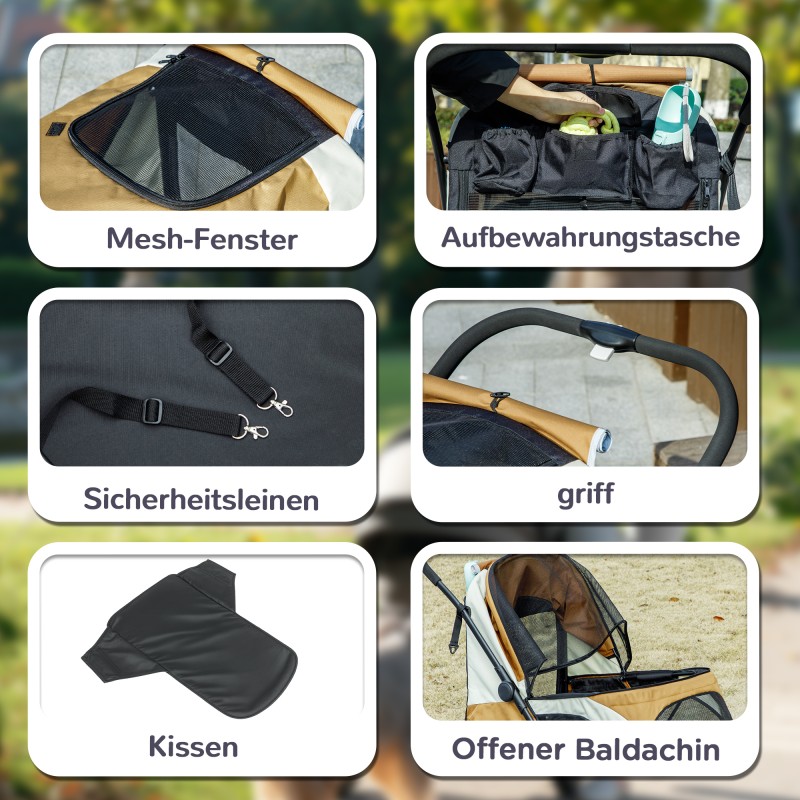 Lemmikkirattaat isoille koirille, taitettava koiravaunu 30 kg asti, 4 pyörää, turvaremmit, ruskea