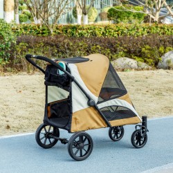 Lemmikkirattaat isoille koirille, taitettava koiravaunu 30 kg asti, 4 pyörää, turvaremmit, ruskea